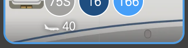Bottom of an aircraft tile showing code bubble, cabin bubbles, and fleet count